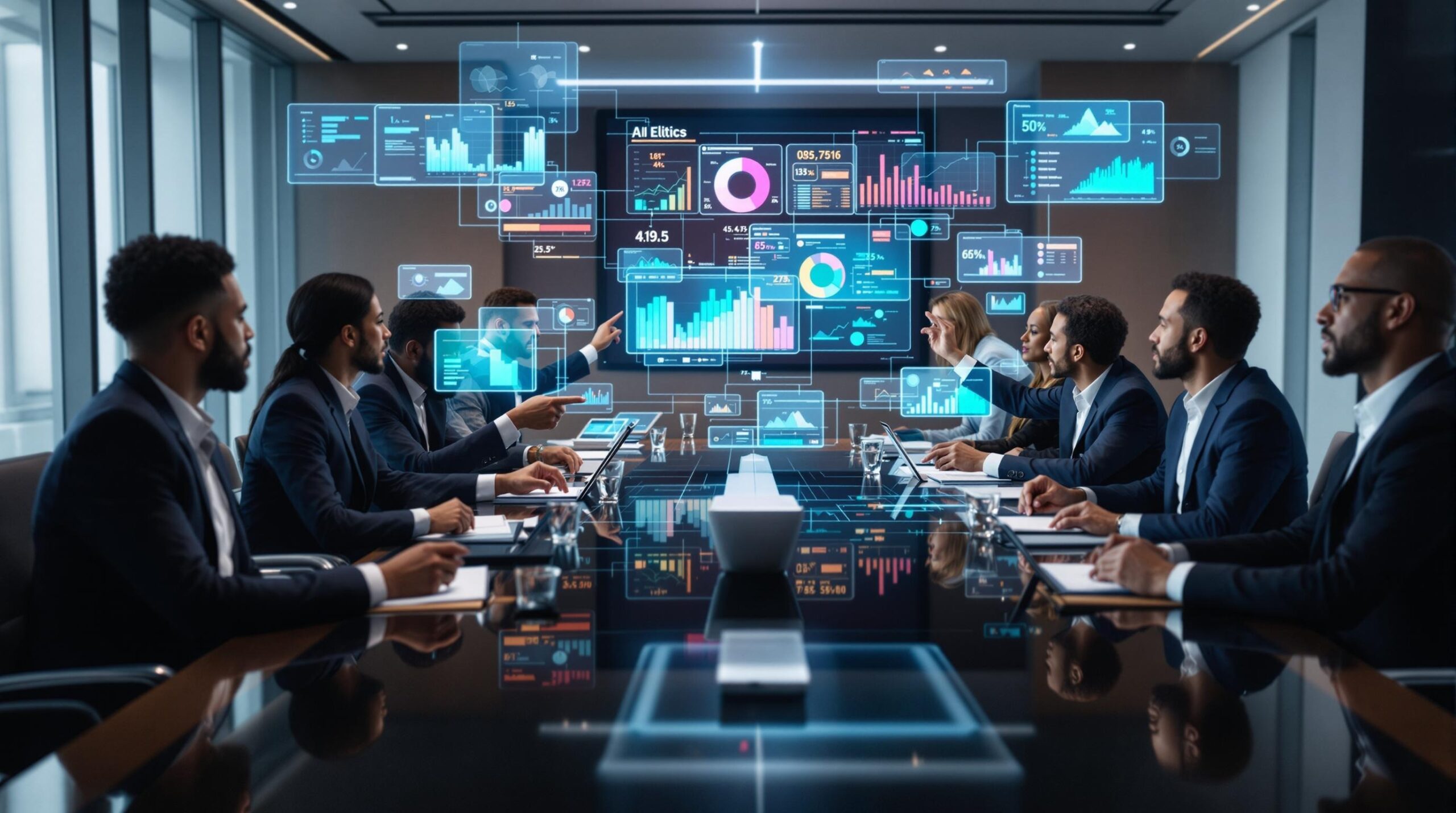 Diverse corporate executives and AI ethics professionals demonstrating ethical leadership during boardroom discussion with holographic displays showing AI bias metrics and fairness indicators above conference table.