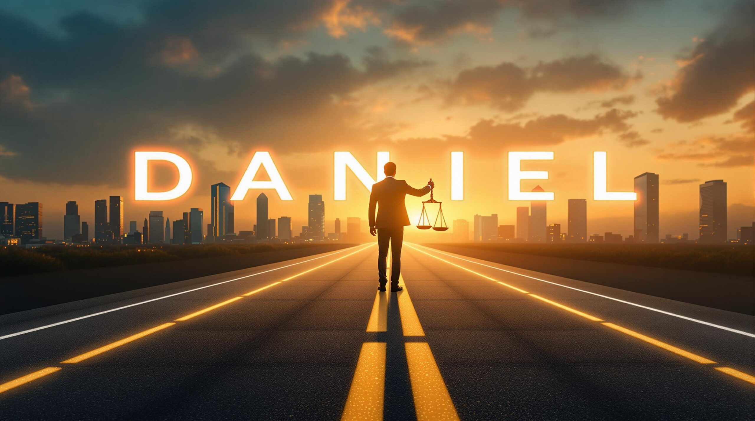 Business executive at crossroads with compass and scales of justice