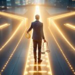 Professional business executive in navy suit standing at illuminated crossroads holding compass and scales of justice, representing ethical decision making in corporate leadership.