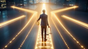 the-daniel-framework-6-steps-to-ethical-decision-making-that-actually-work | Lead AI Ethically Professional business executive in navy suit standing at illuminated crossroads holding compass and scales of justice, representing ethical decision making in corporate leadership.