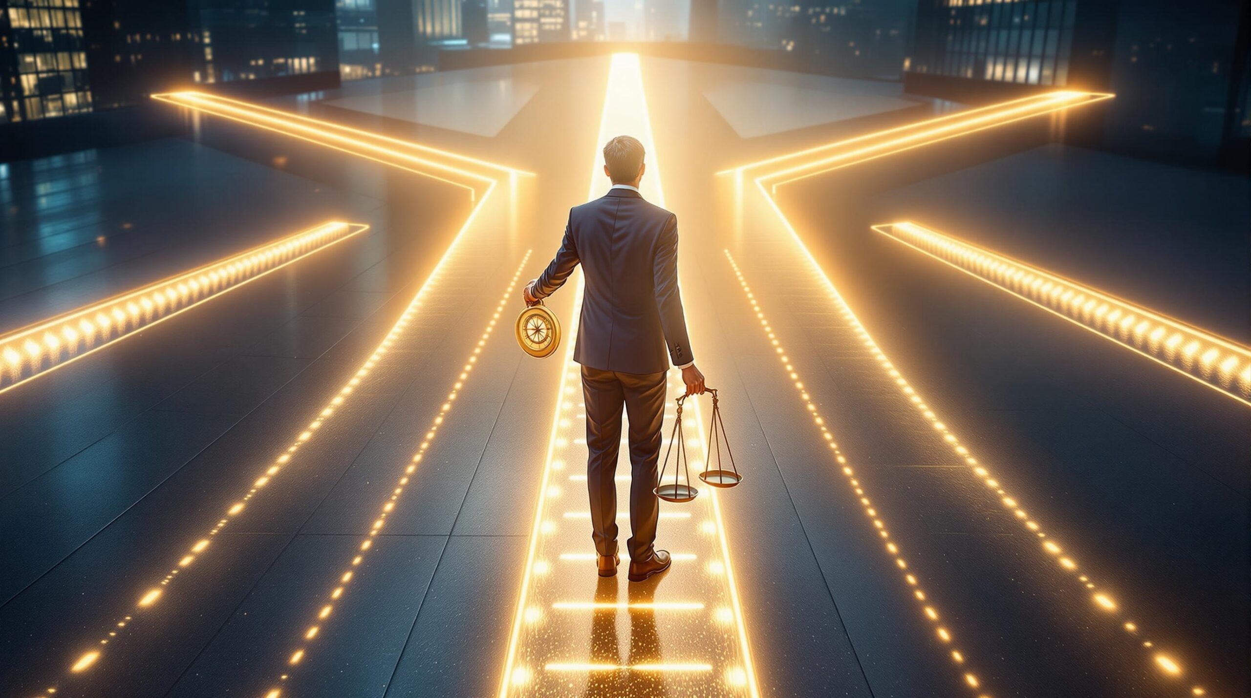 Professional business executive in navy suit standing at illuminated crossroads holding compass and scales of justice, representing ethical decision making in corporate leadership.