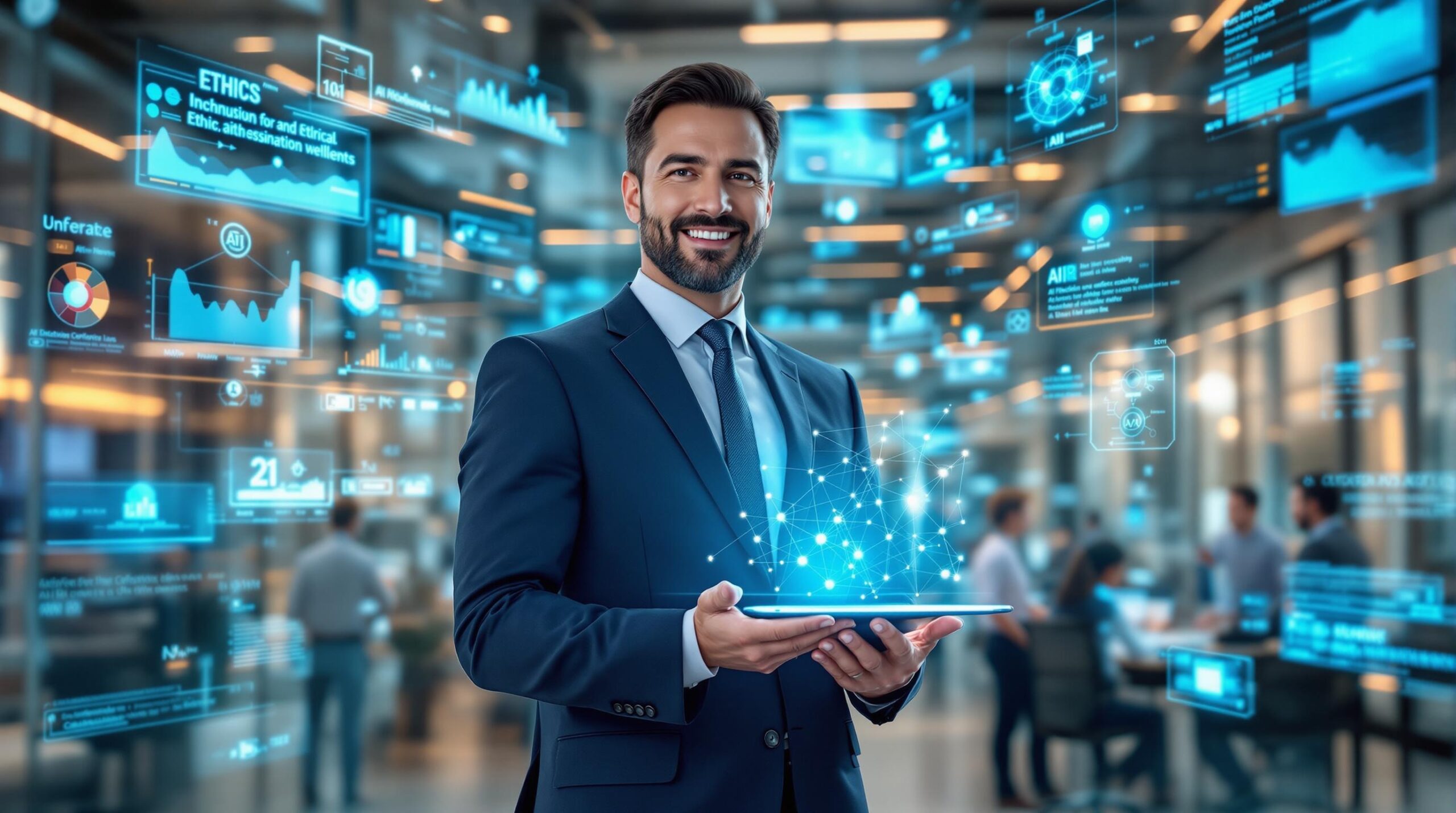 Business leader demonstrating ethical AI leadership in modern corporate environment with holographic interfaces and diverse team collaboration
