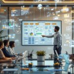 Business leader demonstrating effective and ethical leadership while presenting AI ethics framework to diverse executive team in modern corporate boardroom with holographic data visualizations and city skyline backdrop.