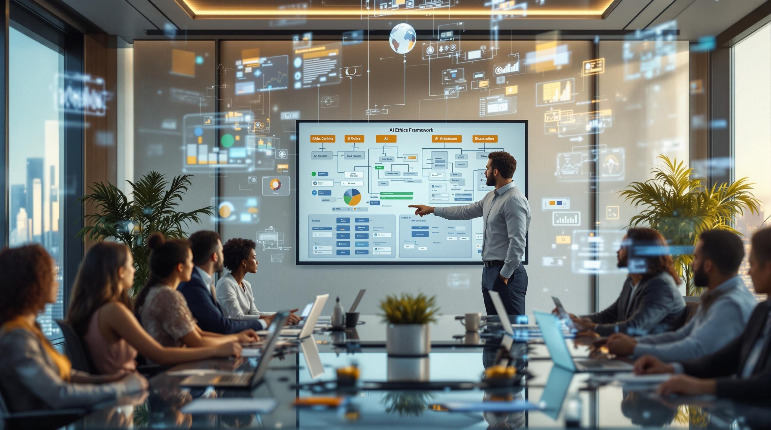Business leader demonstrating effective and ethical leadership while presenting AI ethics framework to diverse executive team in modern corporate boardroom with holographic data visualizations and city skyline backdrop.