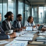 Diverse business executives discussing Leadership and Ethics frameworks around a modern conference table in a glass-walled boardroom with city skyline view.