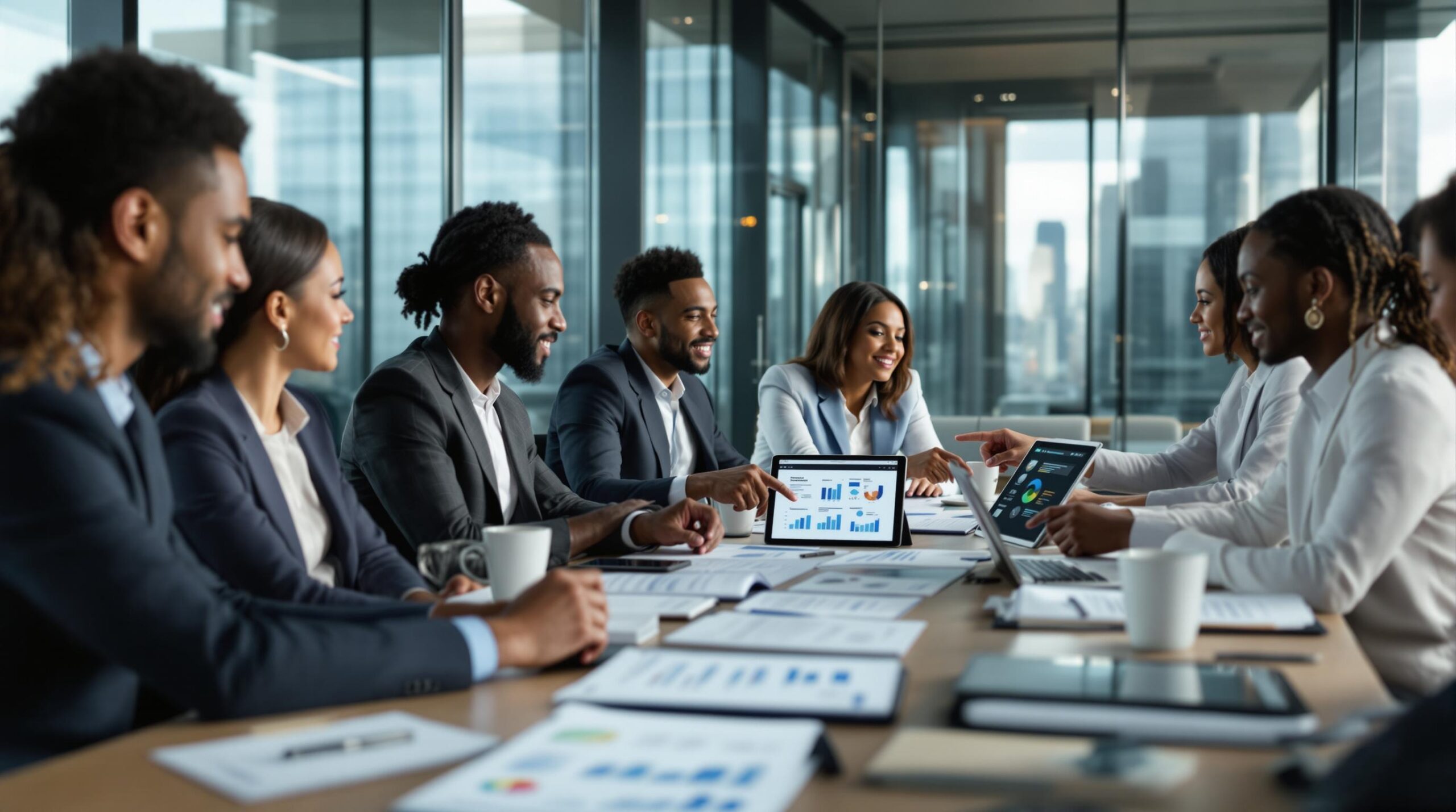 Diverse business executives discussing Leadership and Ethics frameworks around a modern conference table in a glass-walled boardroom with city skyline view.