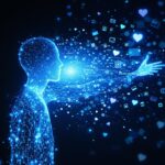 Digital human silhouette made of glowing blue binary code dissolving into floating social media icons, hearts, messages, and data streams against a dark background, representing the concept of digital resurrection from online footprints