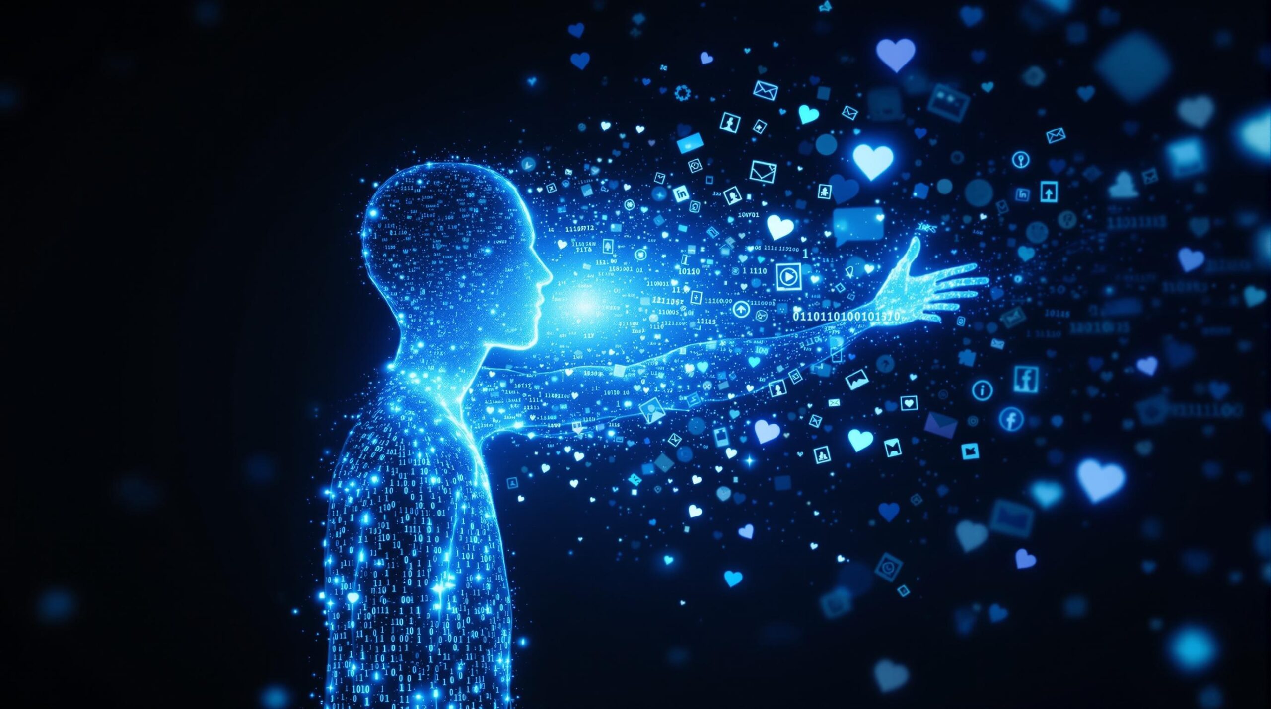 Digital human silhouette made of glowing blue binary code dissolving into floating social media icons, hearts, messages, and data streams against a dark background, representing the concept of digital resurrection from online footprints