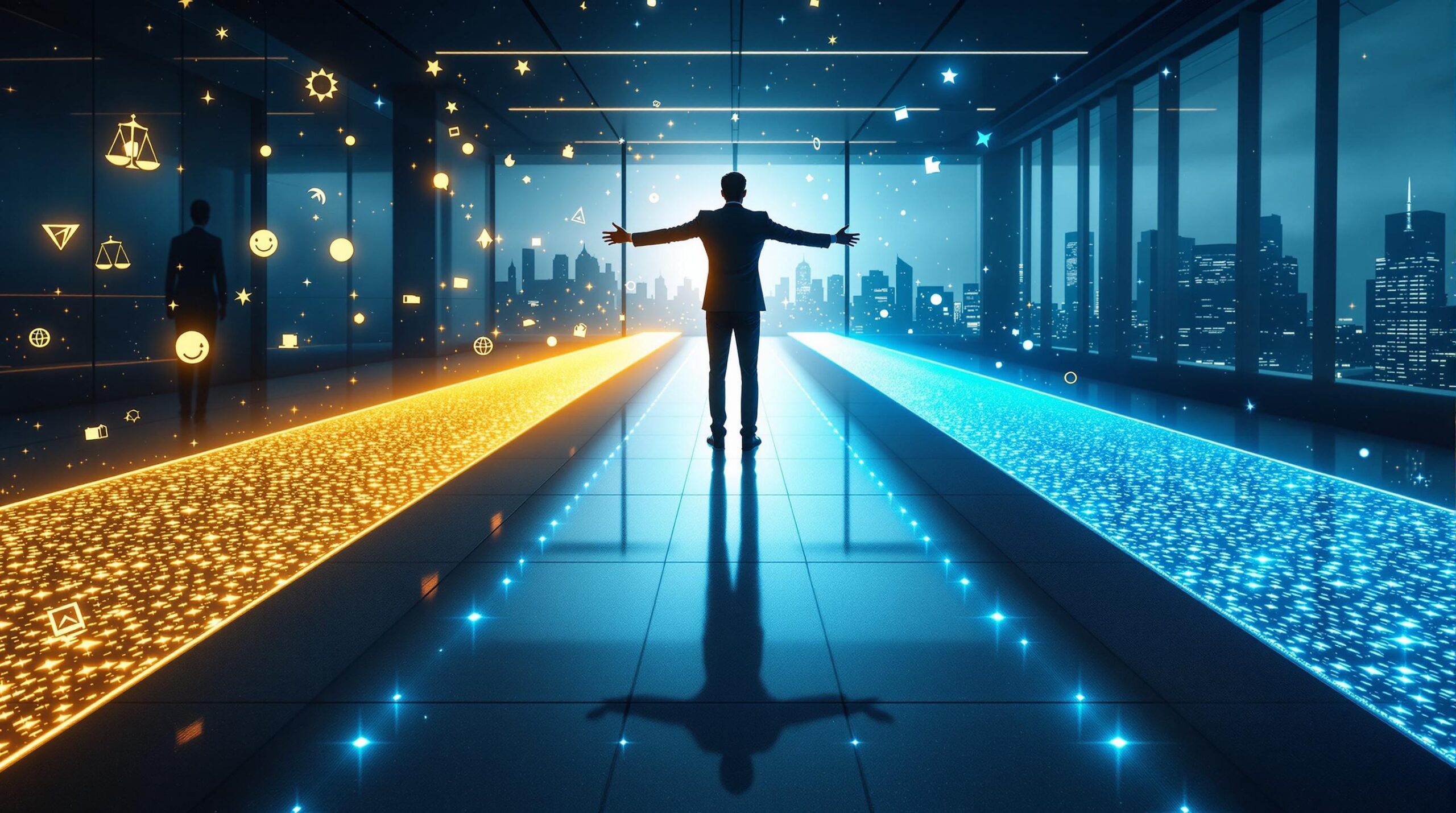 Professional business leader standing at intersection of two glowing pathways representing different leadership styles and ethics, with golden light symbolizing transformational leadership and blue light representing ethical leadership in modern corporate setting