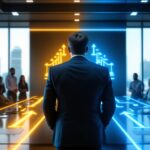 Business leader at crossroads between two glowing pathways representing different leadership styles and ethics approaches, with transformational leadership symbols on golden path and ethical leadership symbols on blue path in modern corporate boardroom.