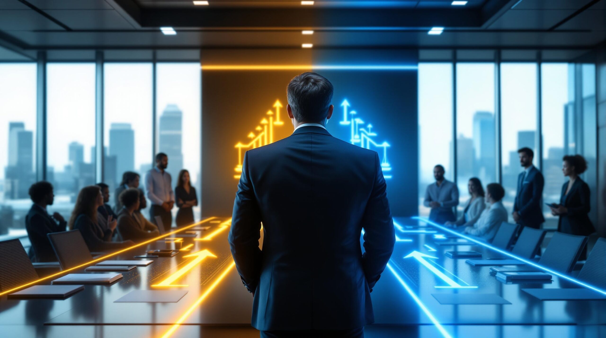 Business leader at crossroads between two glowing pathways representing different leadership styles and ethics approaches, with transformational leadership symbols on golden path and ethical leadership symbols on blue path in modern corporate boardroom.