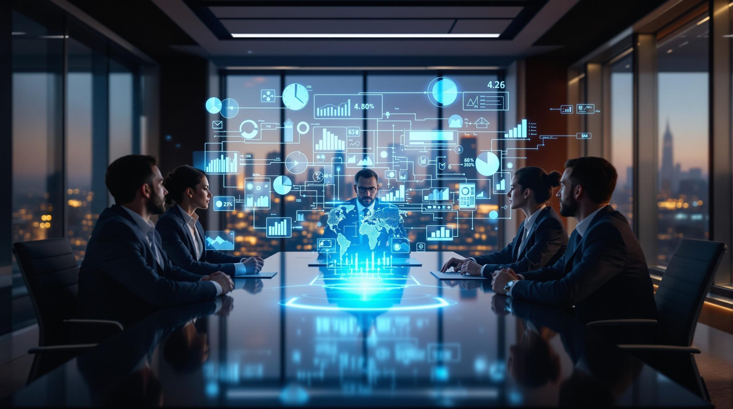 Business executives in professional boardroom collaborating with holographic AI interface displaying data visualizations, illustrating the intersection of leadership and ethics in modern corporate decision-making with human-AI interaction.