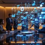 Diverse business executives demonstrating leadership and ethics while collaborating around a conference table with holographic AI data visualizations in a modern corporate boardroom.