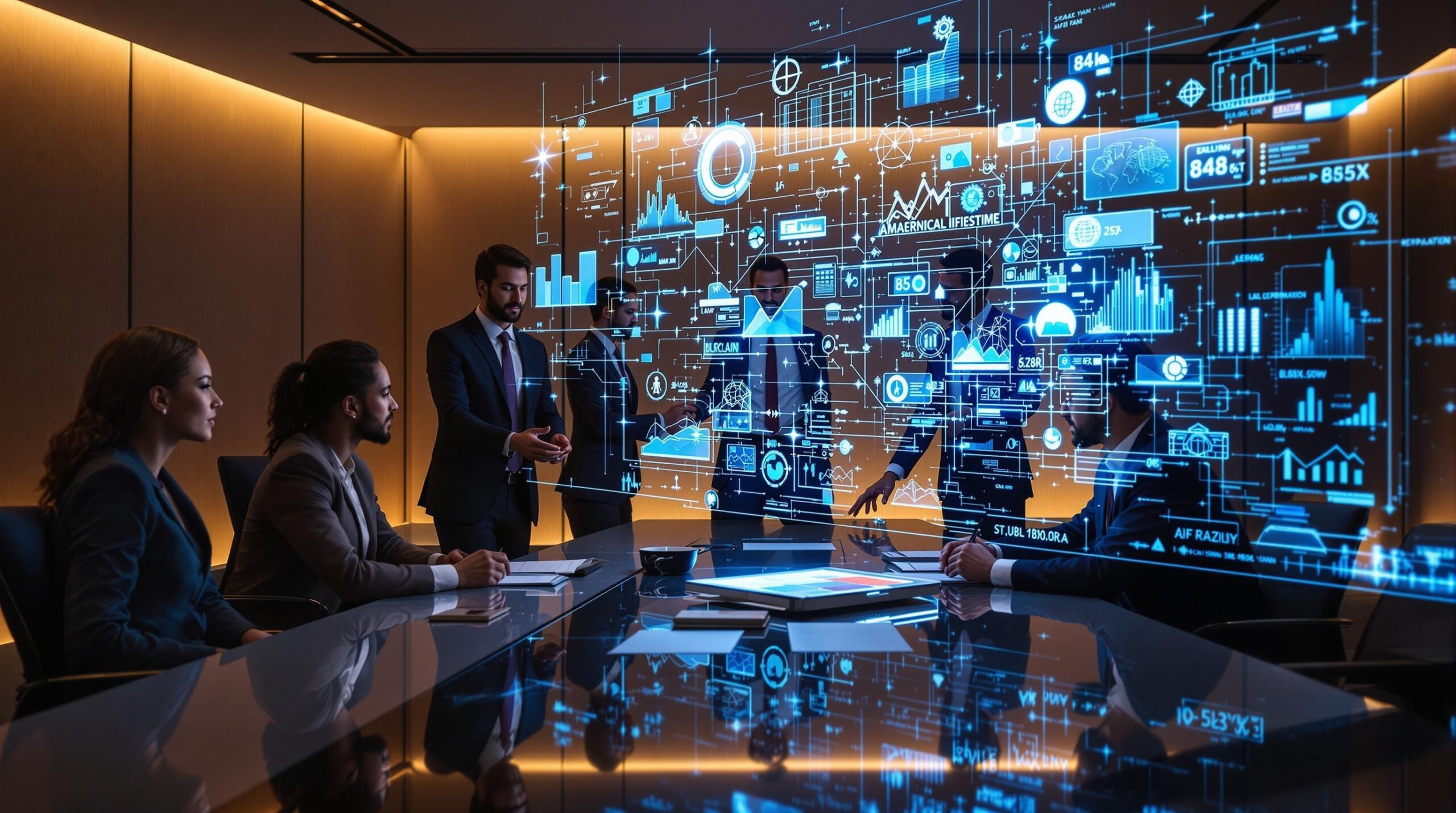 Diverse business executives demonstrating leadership and ethics while collaborating around a conference table with holographic AI data visualizations in a modern corporate boardroom.