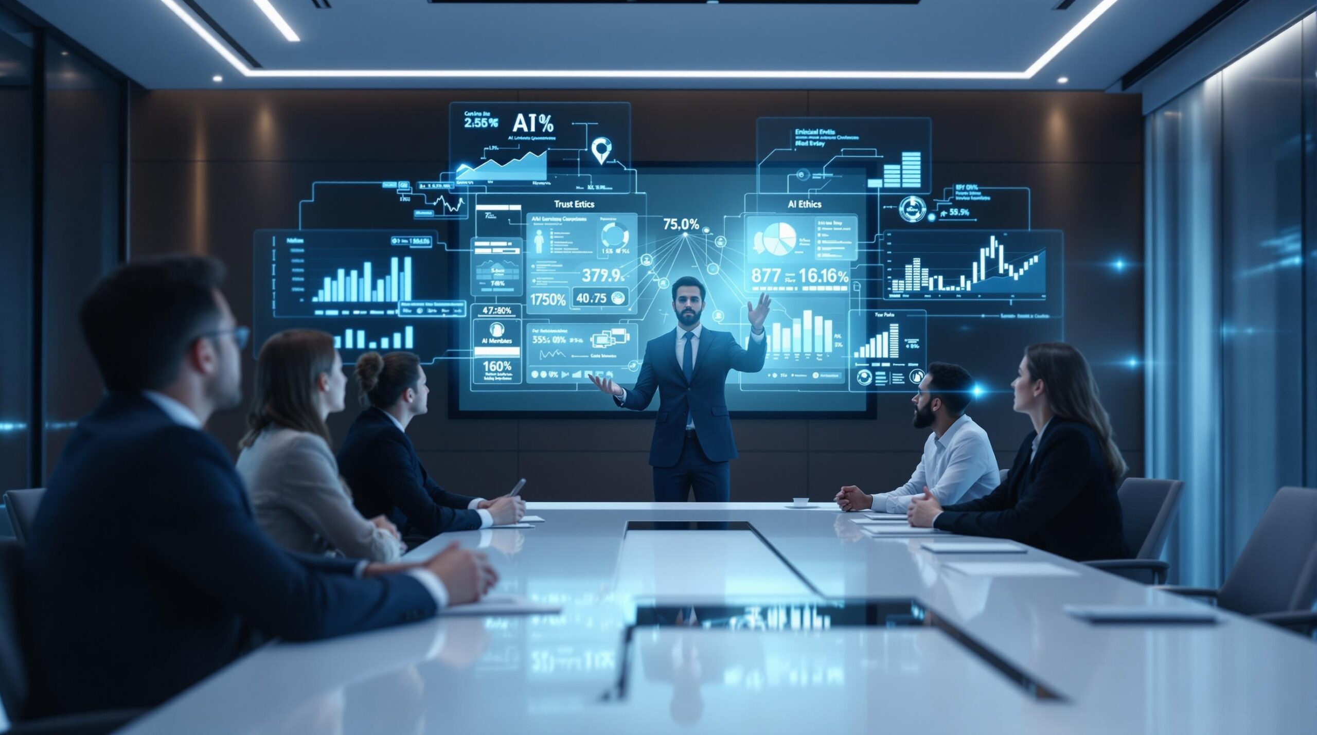 Diverse executives demonstrate ethical leadership in modern boardroom while analyzing AI ethics data on holographic displays and digital screens during corporate governance presentation.