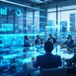 Diverse corporate executives demonstrating ethical leadership while analyzing AI ethics data on holographic screens in a modern boardroom setting.