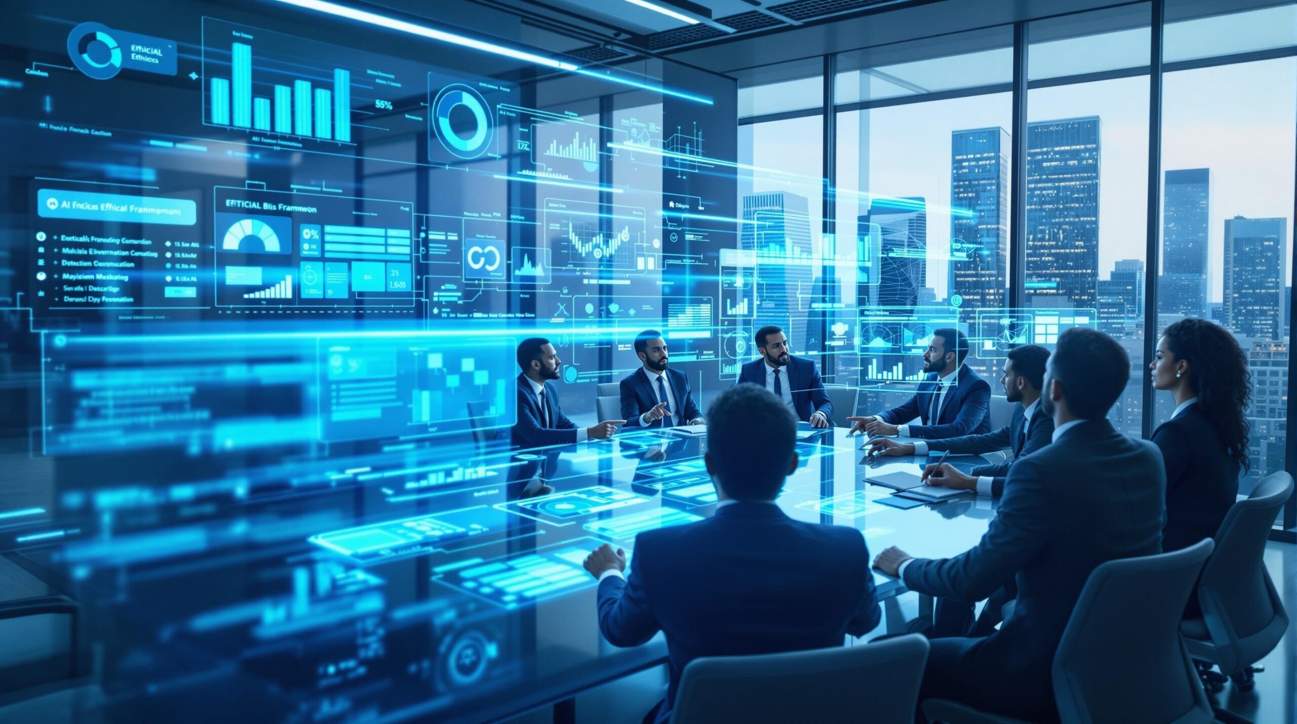 Diverse corporate executives demonstrating ethical leadership while analyzing AI ethics data on holographic screens in a modern boardroom setting.