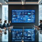 Diverse corporate executives demonstrating effective and ethical leadership while discussing AI ethics frameworks around a modern glass conference table with digital displays showing governance structures and city skyline backdrop.