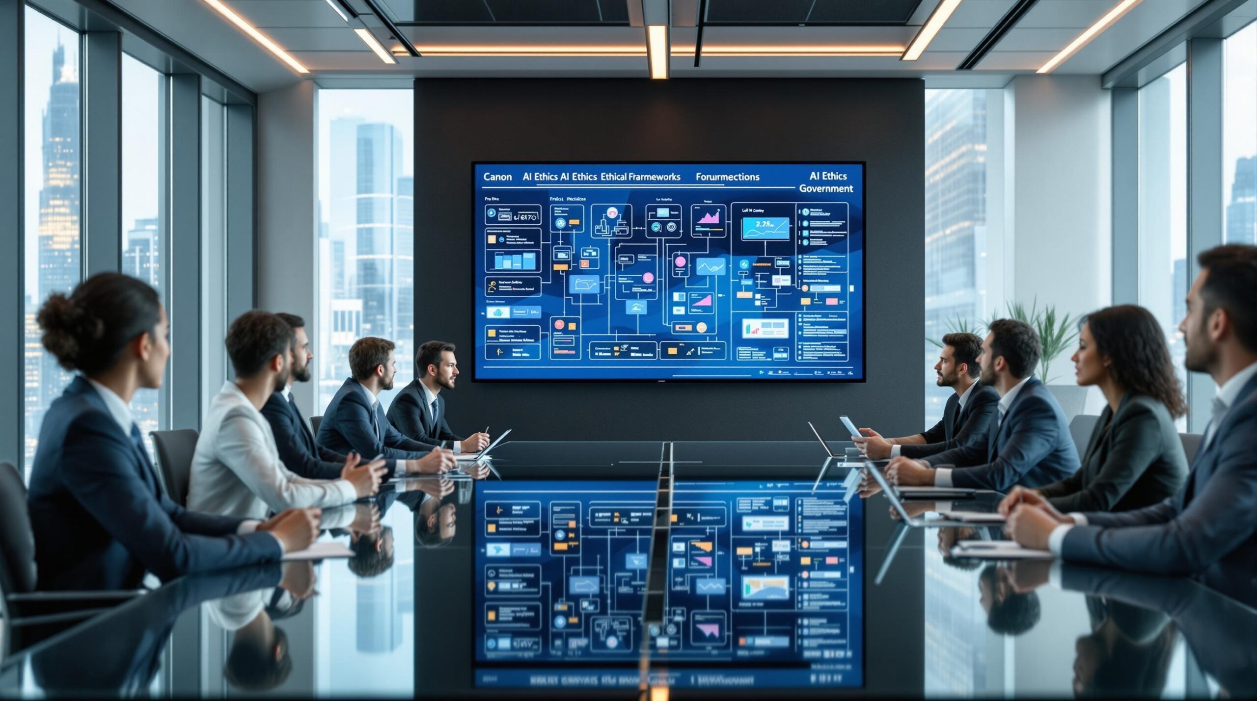 Diverse corporate executives demonstrating effective and ethical leadership while discussing AI ethics frameworks around a modern glass conference table with digital displays showing governance structures and city skyline backdrop.