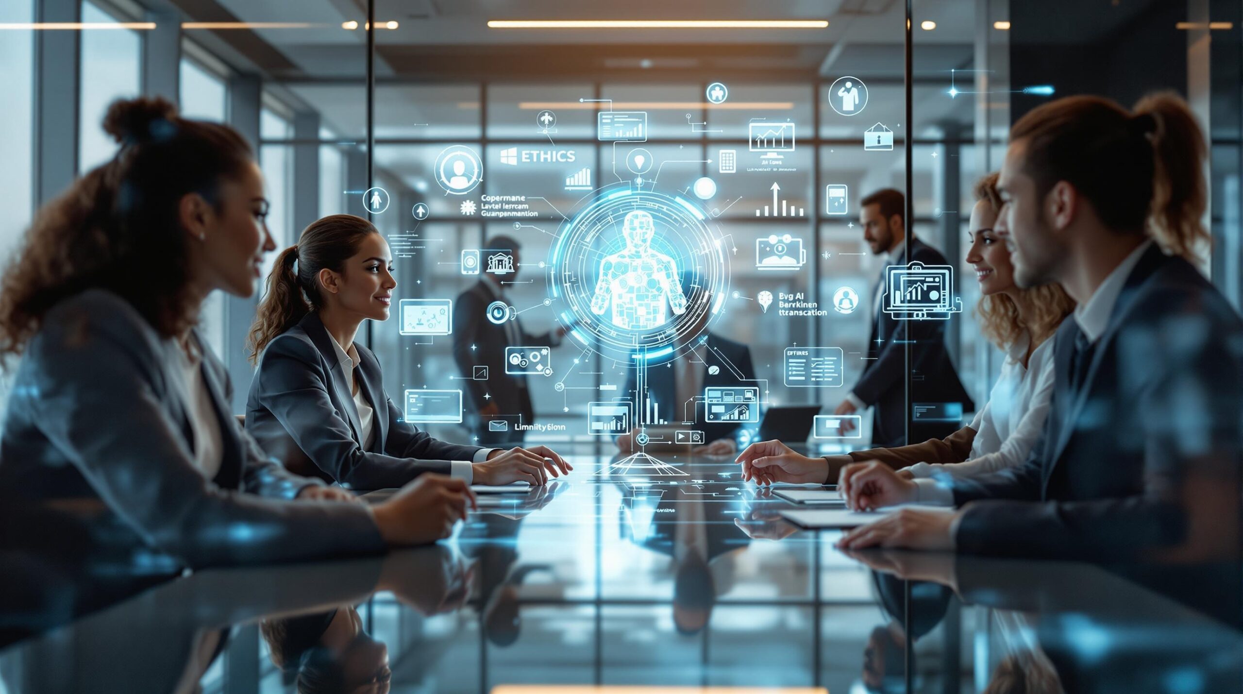 Professional diverse business executives demonstrating ethical leadership while collaborating around holographic AI visualization with digital ethics symbols and governance frameworks in modern glass boardroom