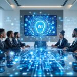 Diverse business executives demonstrating ethical leadership while discussing AI governance around a modern conference table with holographic technology displays in a contemporary boardroom setting.