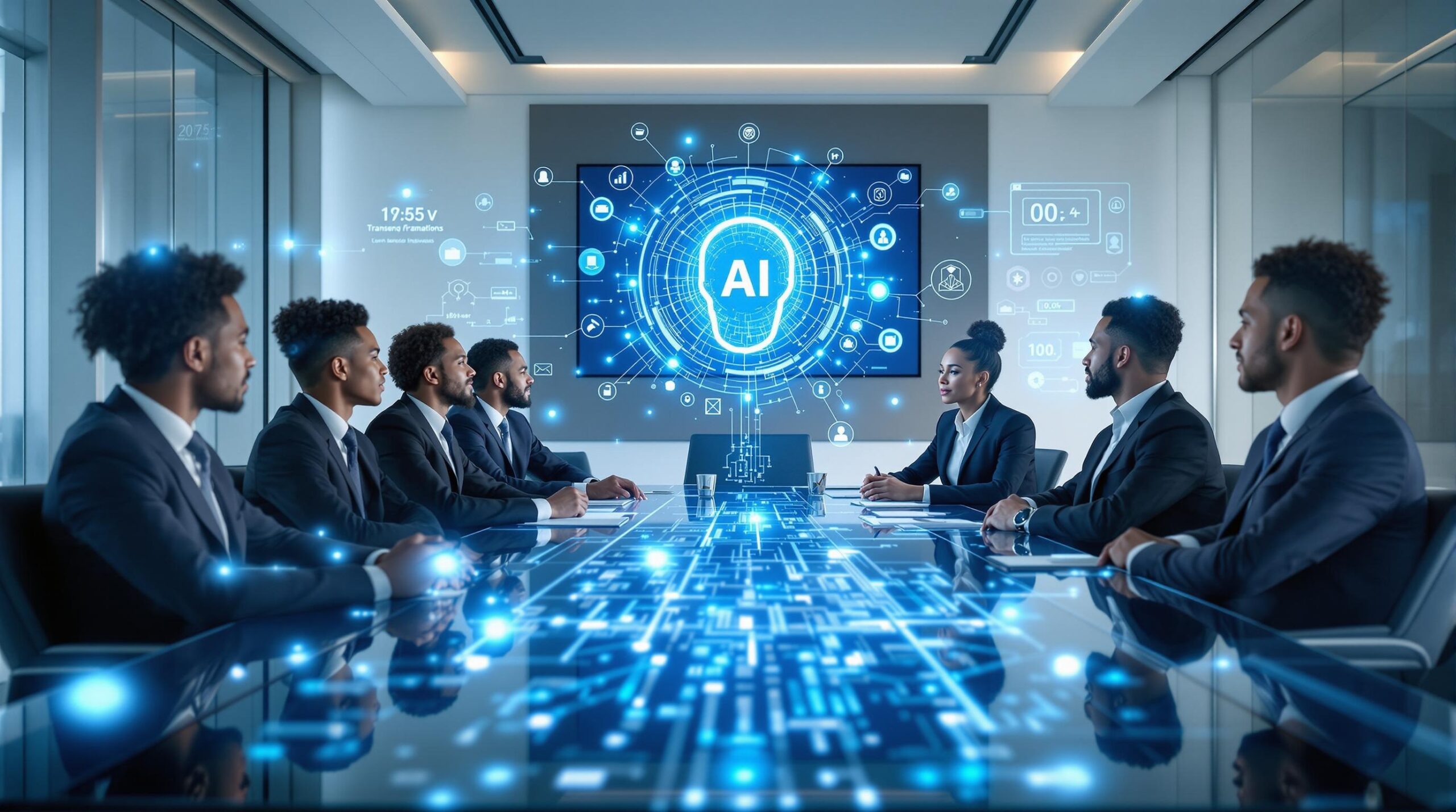 Diverse business executives demonstrating ethical leadership while discussing AI governance around a modern conference table with holographic technology displays in a contemporary boardroom setting.