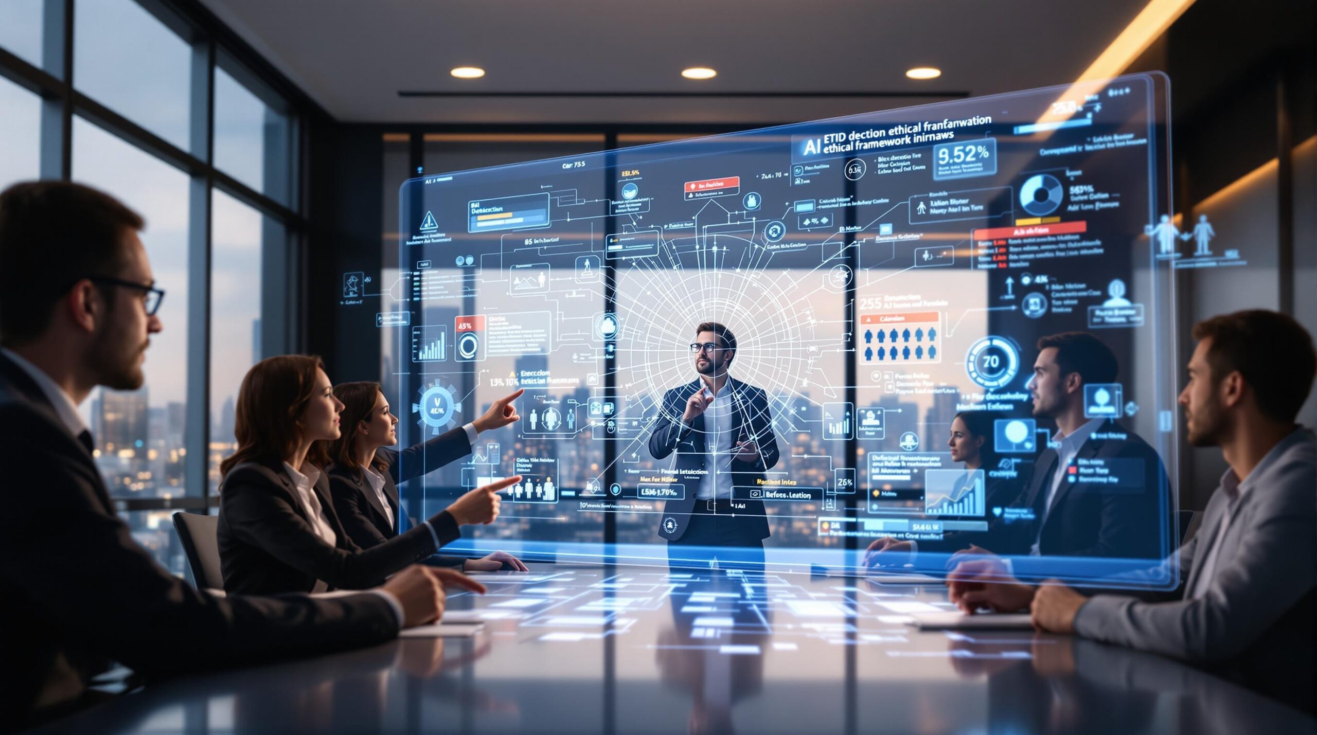 Business leaders analyzing AI decision frameworks in boardroom setting