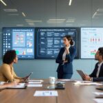 Diverse business executives demonstrating leadership and ethical behavior while analyzing AI decision frameworks and bias mitigation strategies in a modern corporate boardroom setting.