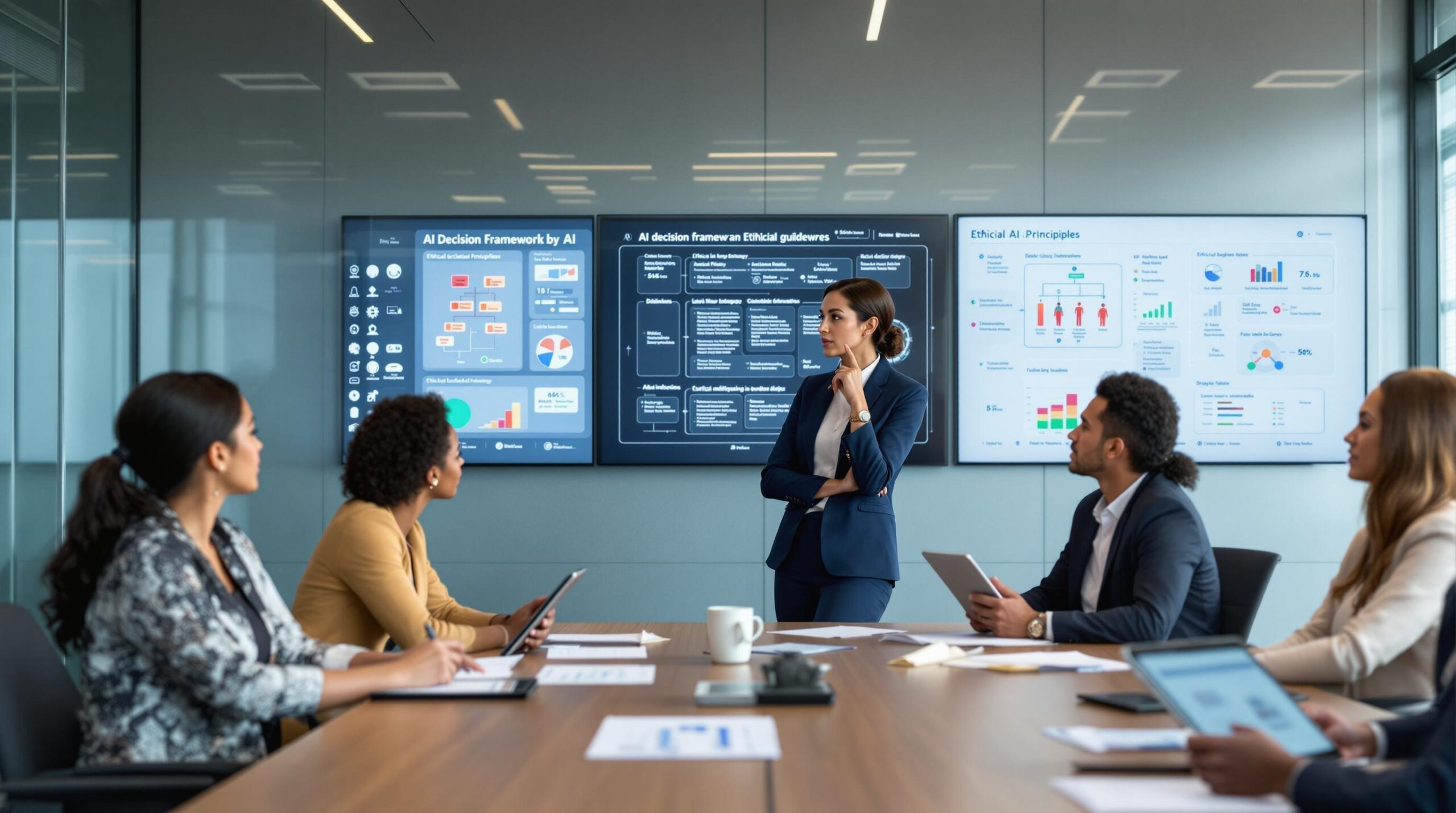 Diverse business executives demonstrating leadership and ethical behavior while analyzing AI decision frameworks and bias mitigation strategies in a modern corporate boardroom setting.