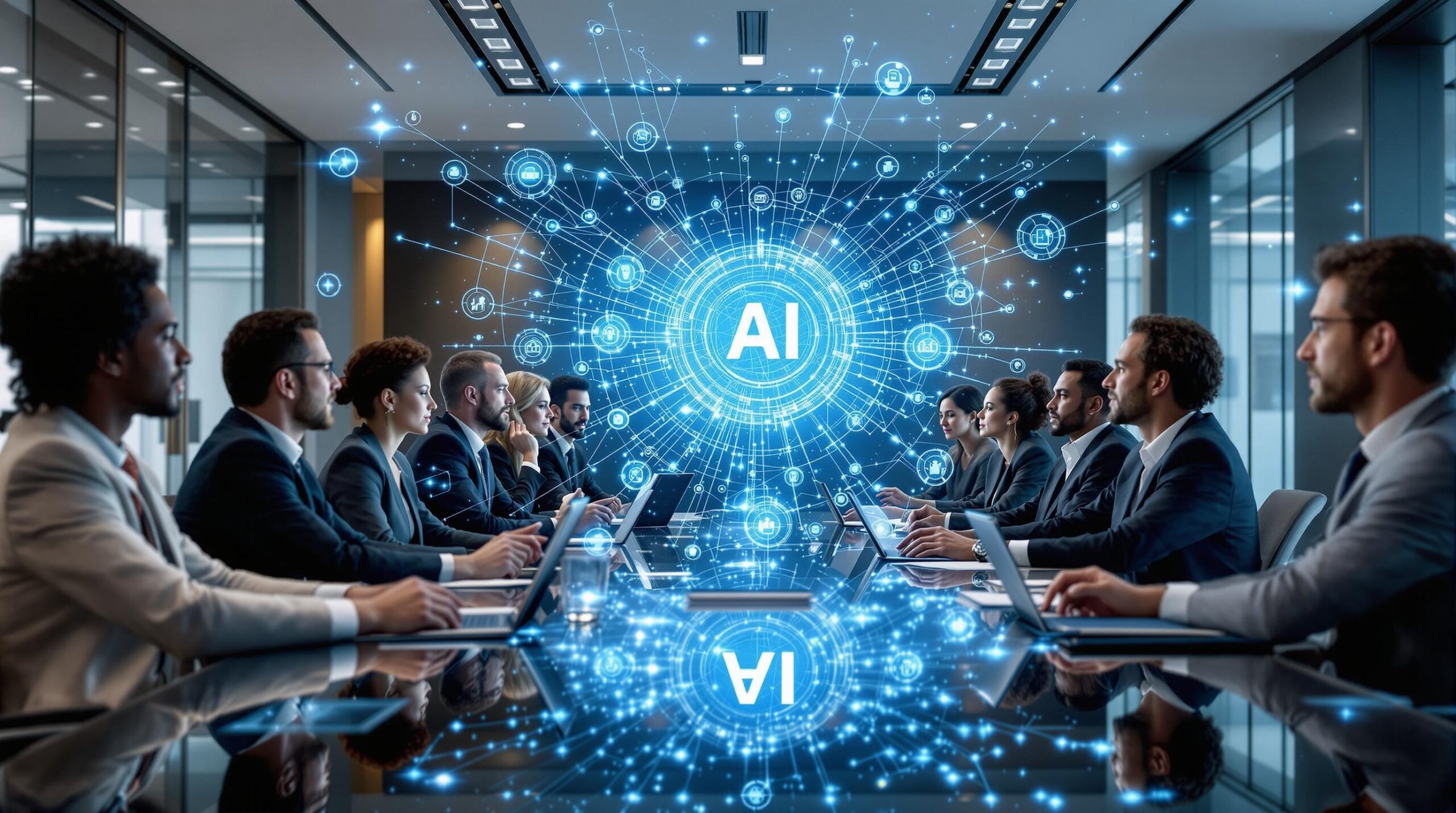 Diverse business leaders in modern boardroom with AI network display representing Leadership and Ethics