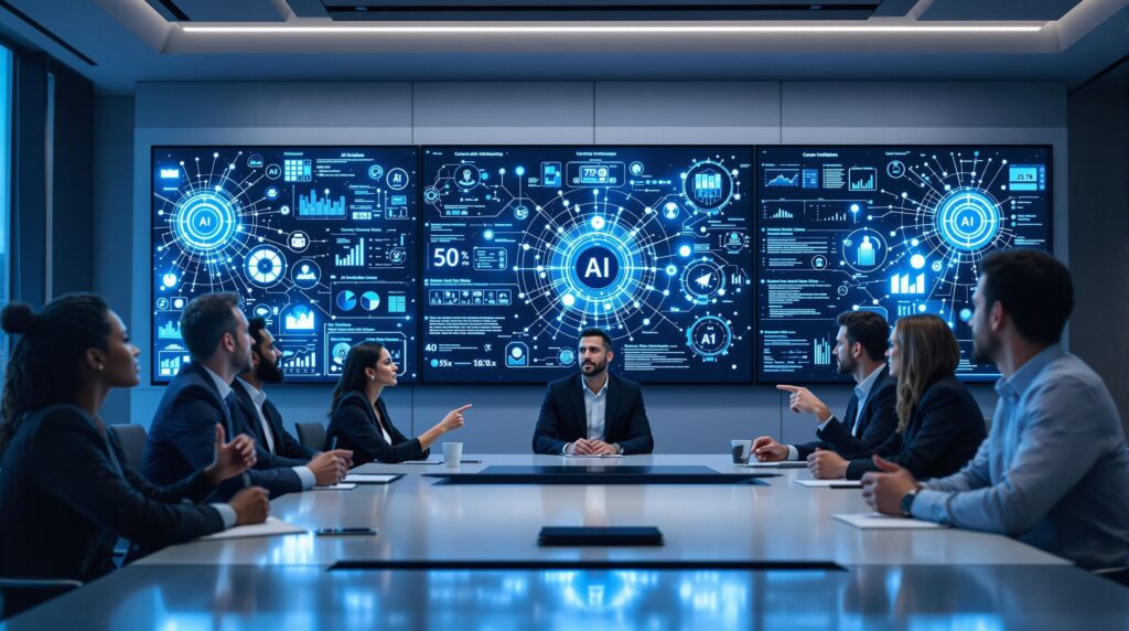 Diverse business executives in modern boardroom discussing Leadership and Ethics while AI data visualizations display on wall screens behind them.