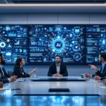 Diverse business executives in modern boardroom discussing Leadership and Ethics while AI data visualizations display on wall screens behind them.