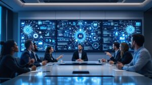 Diverse business executives in modern boardroom discussing Leadership and Ethics while AI data visualizations display on wall screens behind them.