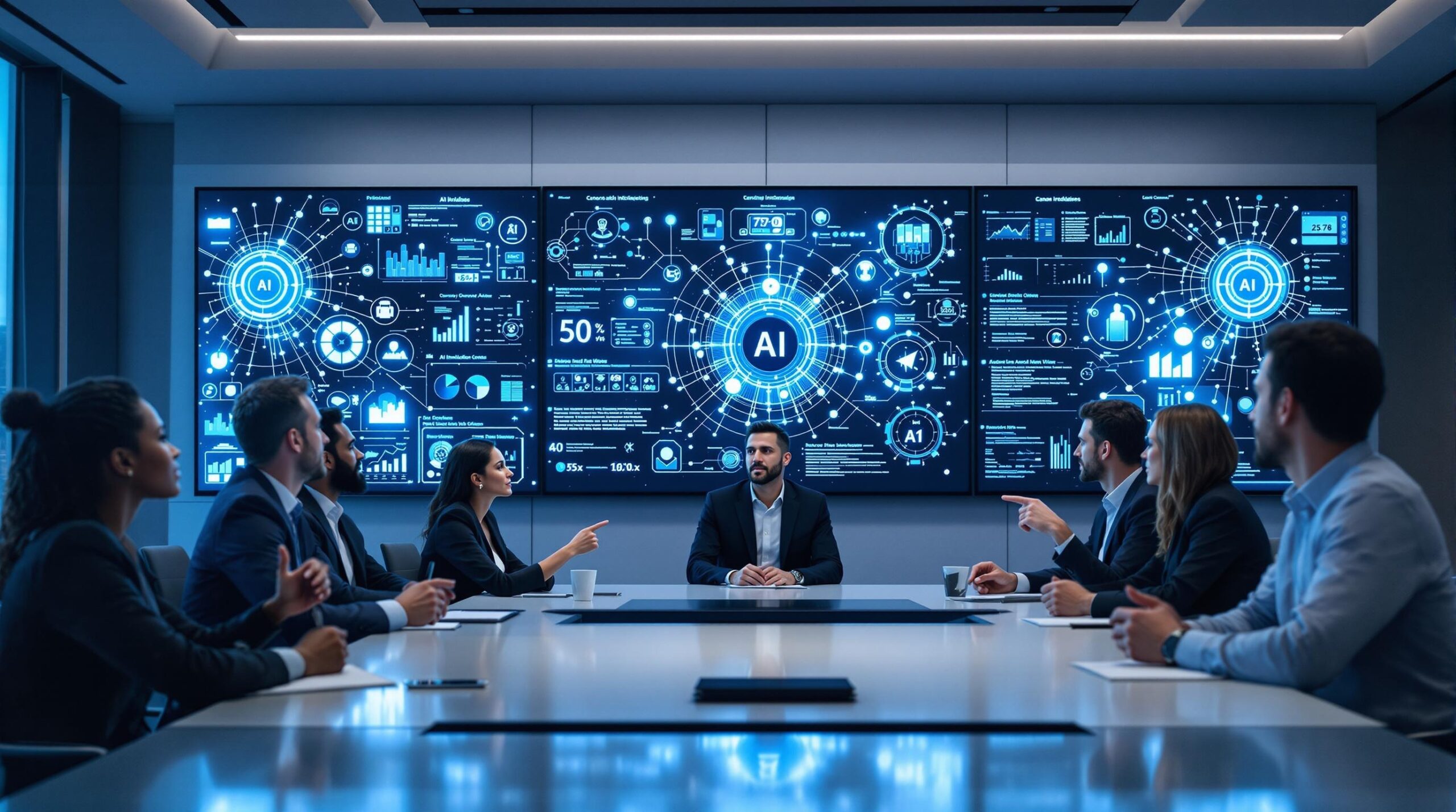 Diverse business executives in modern boardroom discussing Leadership and Ethics while AI data visualizations display on wall screens behind them.