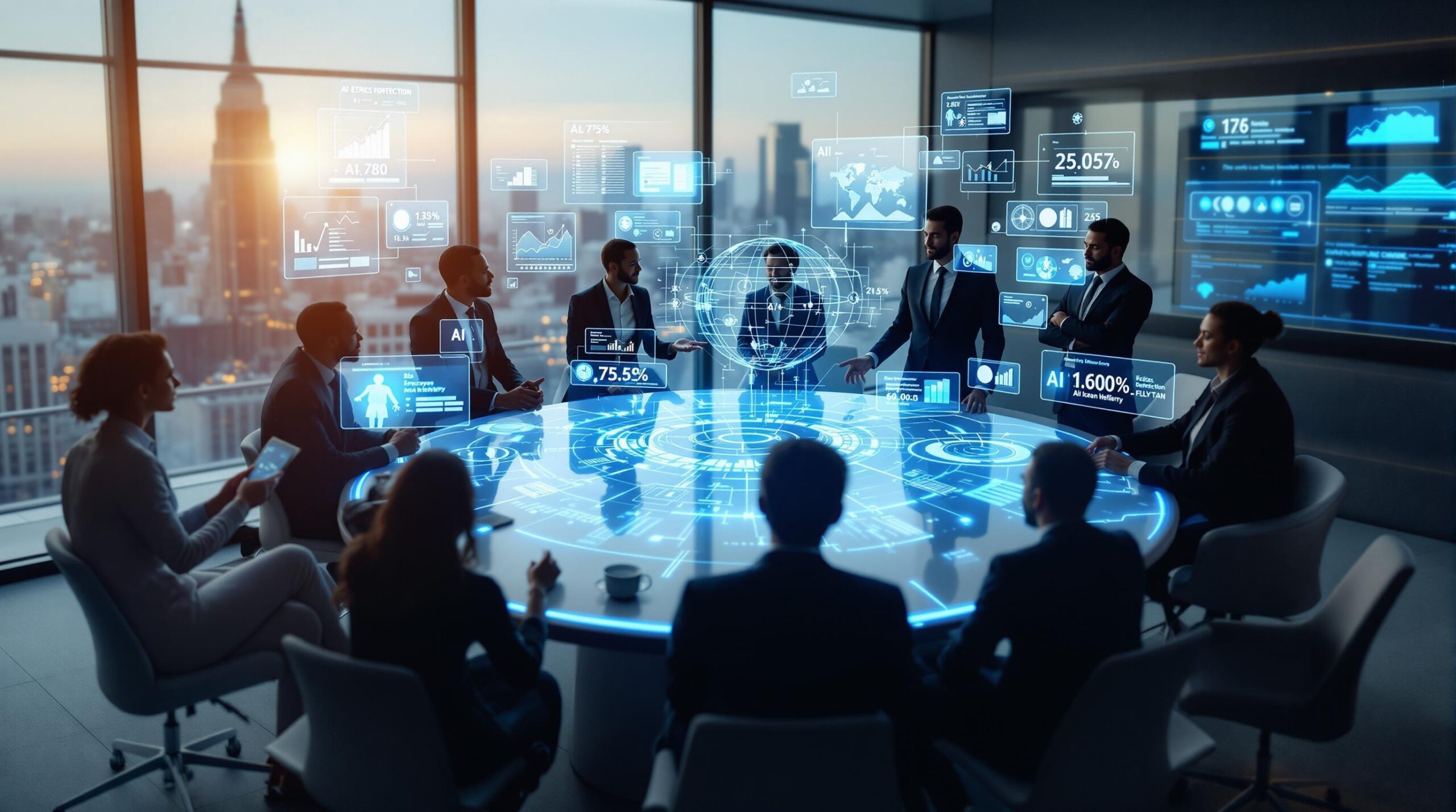 Diverse business leaders collaborating around a holographic conference table displaying AI ethics frameworks and data visualizations in a modern corporate boardroom, demonstrating Business Ethics and Leadership in technology integration.