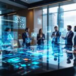 Diverse business executives and AI ethics experts collaborating around a holographic conference table, discussing Business Ethics and Leadership strategies with floating displays showing AI frameworks, bias detection charts, and privacy protocols in a modern corporate boardroom.