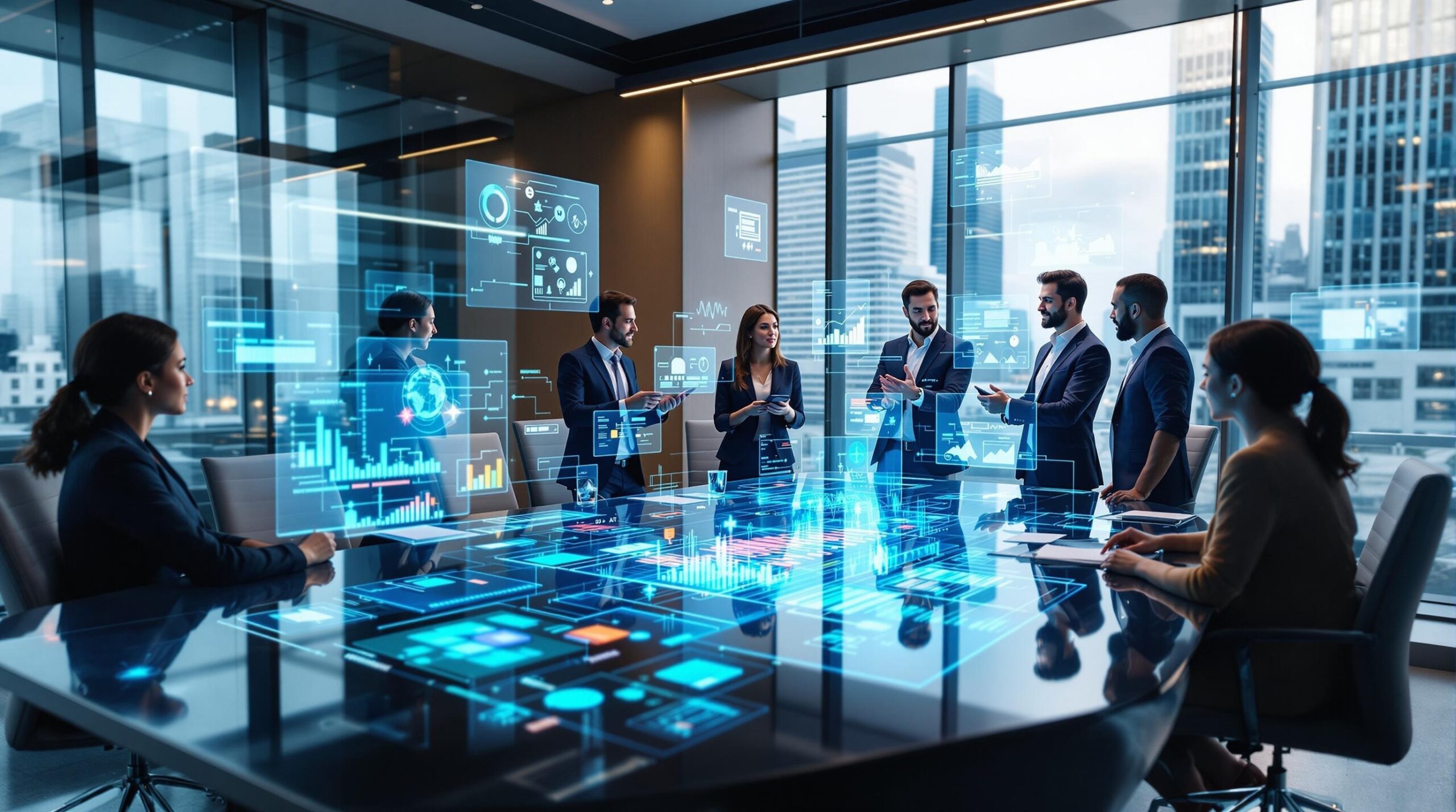 Diverse business executives and AI ethics experts collaborating around a holographic conference table, discussing Business Ethics and Leadership strategies with floating displays showing AI frameworks, bias detection charts, and privacy protocols in a modern corporate boardroom.
