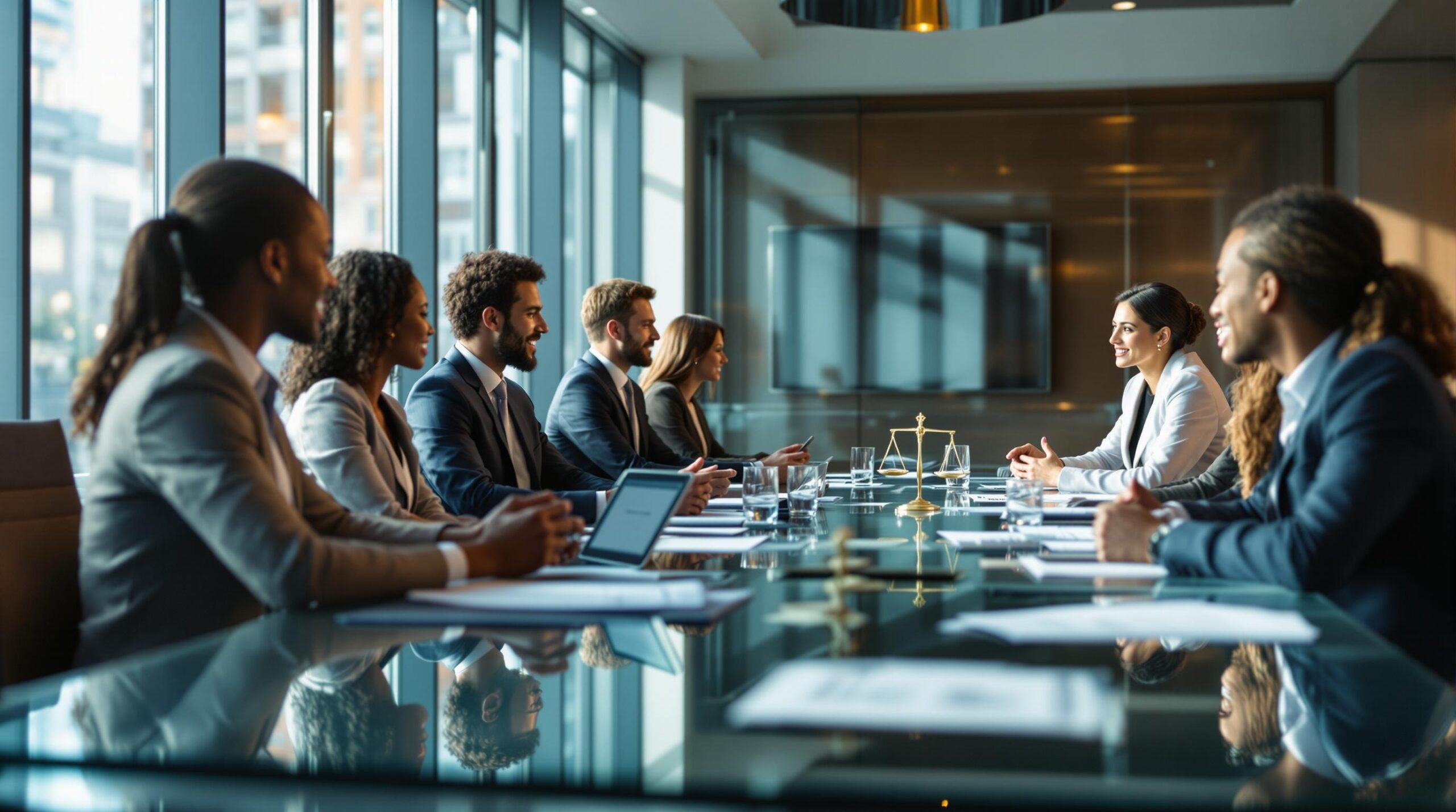 Diverse business leaders discussing Business Ethics and Leadership around a modern glass conference table in a professional boardroom with natural lighting and ethical symbols integrated into the architecture.