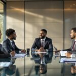 Diverse executives discussing Business Ethics and Leadership around a modern glass conference table in a professional boardroom with natural lighting and company values documents.