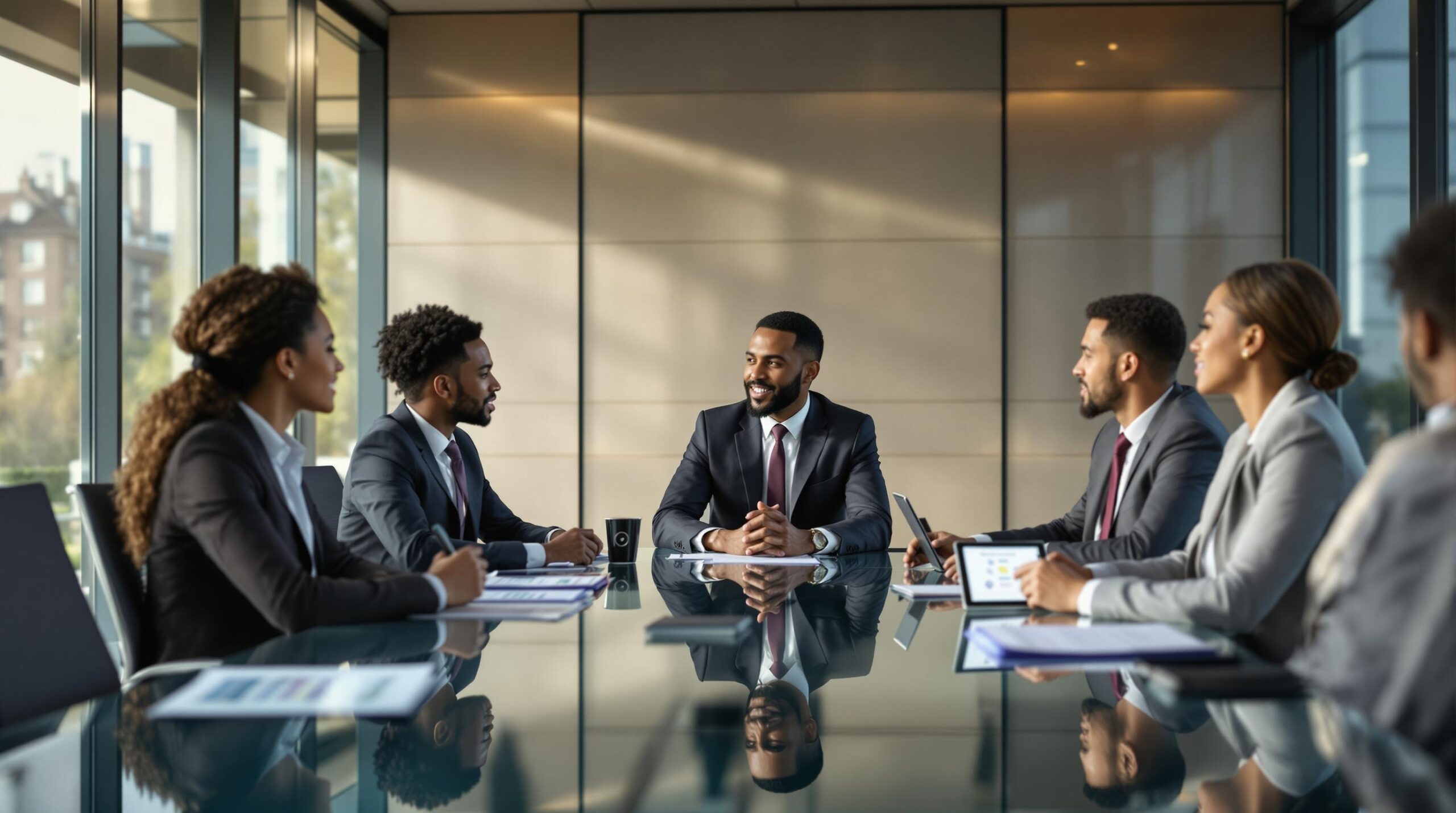 Diverse executives discussing Business Ethics and Leadership around a modern glass conference table in a professional boardroom with natural lighting and company values documents.
