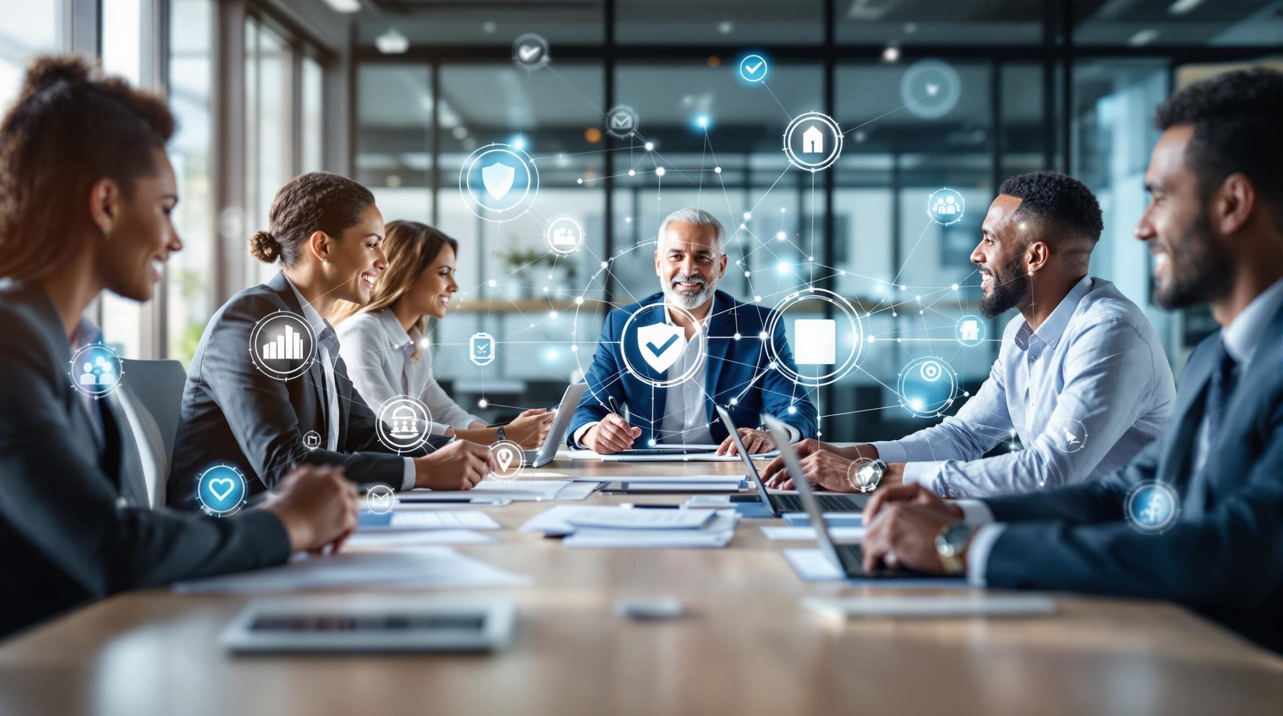 Diverse business executives discussing Ethics in Business Writing around a modern conference table with laptops, documents, and translucent overlay graphics showing trust and communication icons.