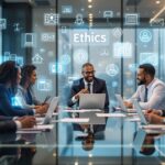 Diverse business executives discussing ethics in business writing around a modern conference table with digital overlay graphics showing trust and communication symbols in a contemporary corporate meeting room.