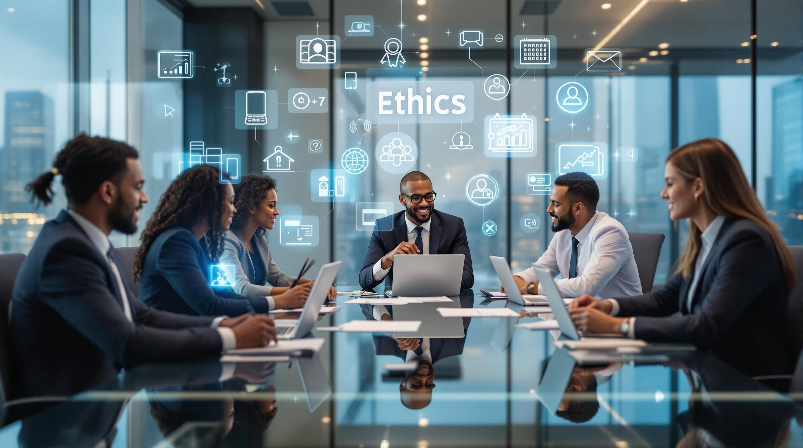 Diverse business executives discussing ethics in business writing around a modern conference table with digital overlay graphics showing trust and communication symbols in a contemporary corporate meeting room.