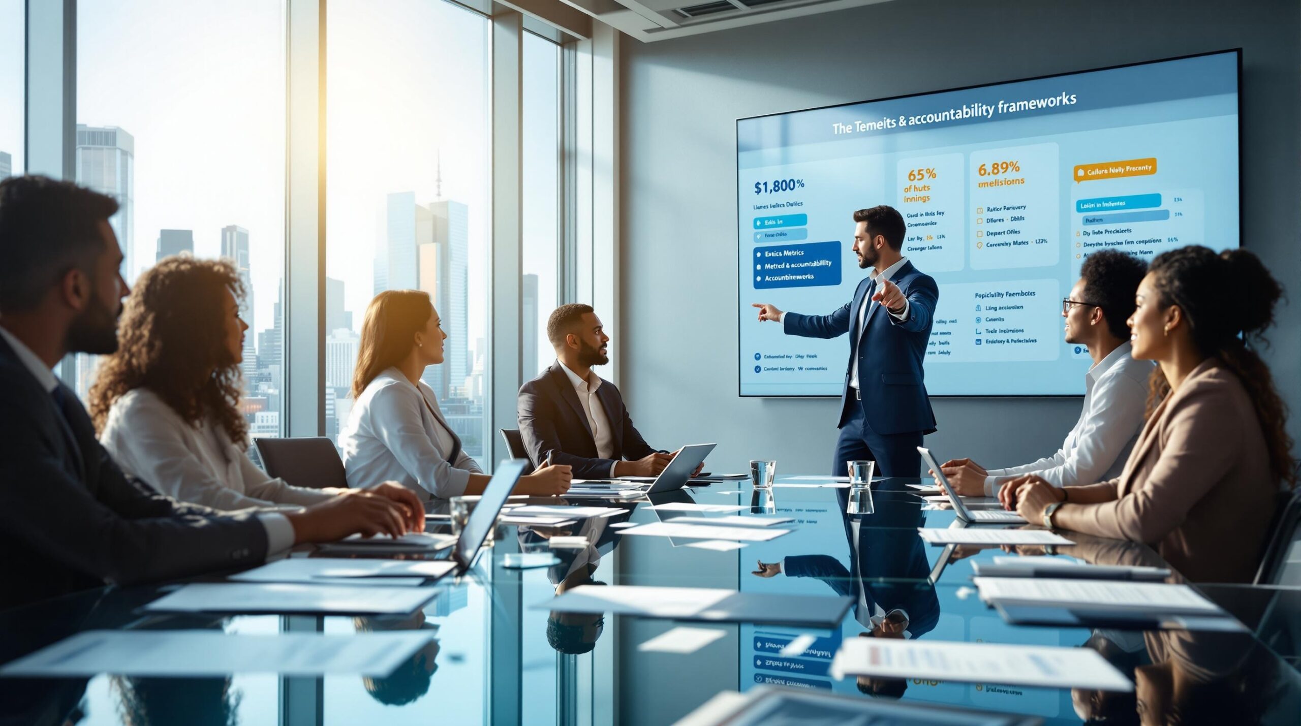 Business executives discussing ethics in modern boardroom