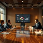Diverse business executives discussing Leadership and Management Ethics around a polished conference table in a modern boardroom with city skyline views and accountability metrics displayed on wall screens.