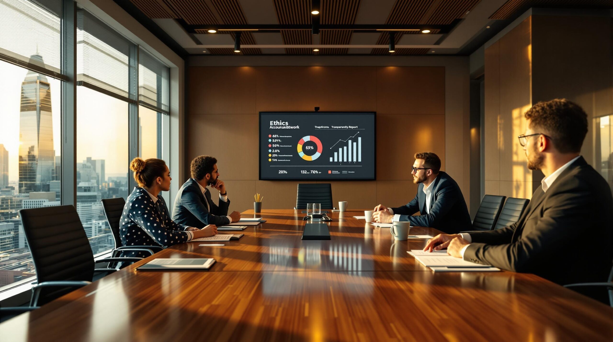 Diverse business executives discussing Leadership and Management Ethics around a polished conference table in a modern boardroom with city skyline views and accountability metrics displayed on wall screens.