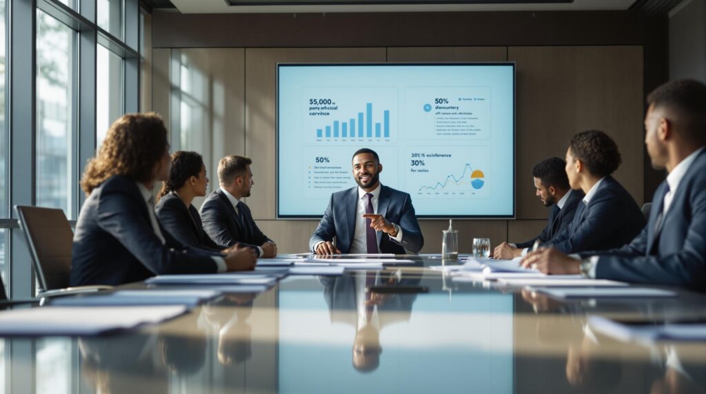 Business leader demonstrating leadership and ethical behavior while making decisions with diverse executives in modern boardroom, pointing to performance charts with thoughtful, confident expression.