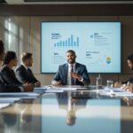 Business leader demonstrating leadership and ethical behavior while making decisions with diverse executives in modern boardroom, pointing to performance charts with thoughtful, confident expression.