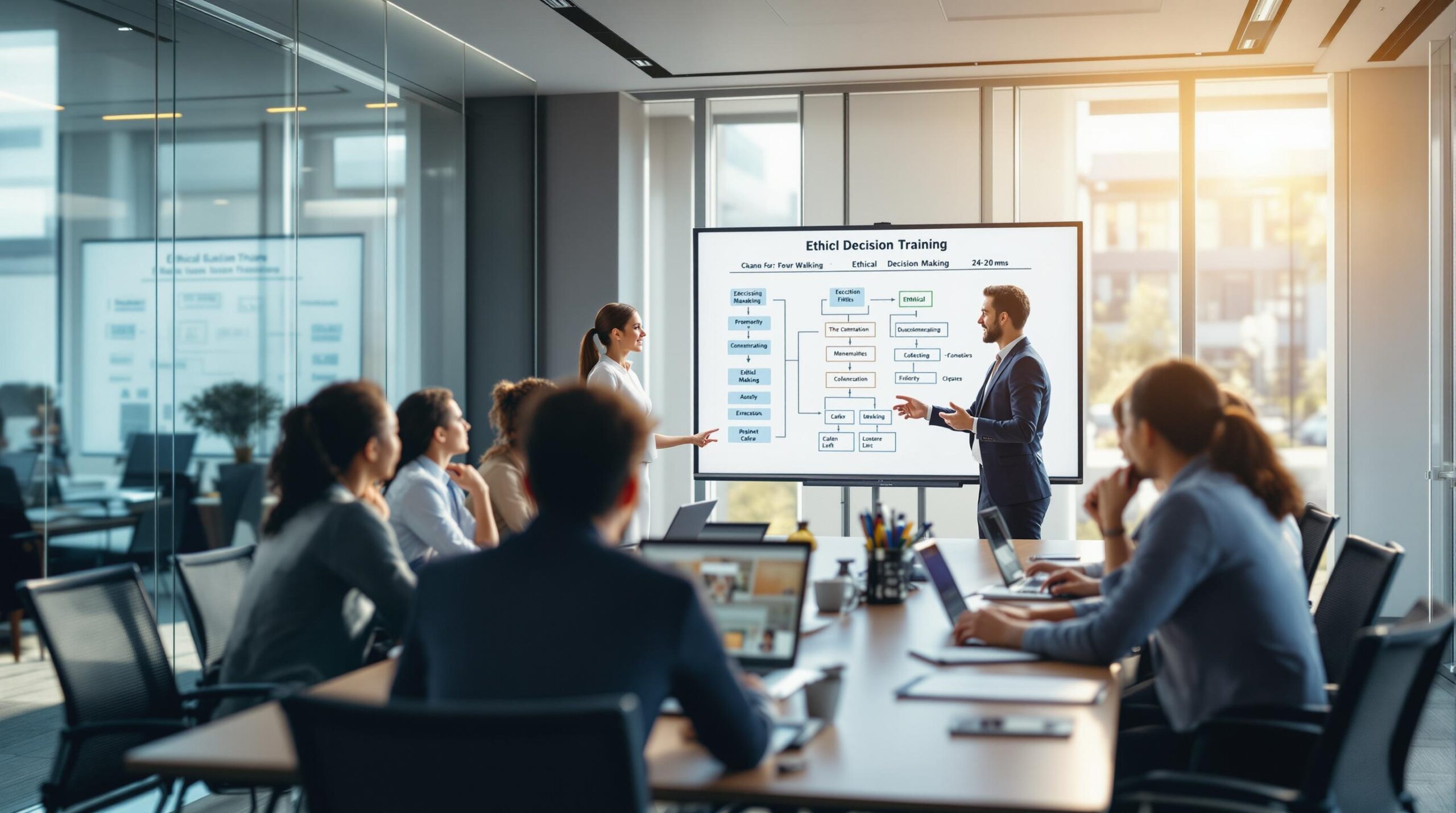 Diverse business executives participating in an Ethical Leadership training session in a modern boardroom, with a facilitator presenting decision-making frameworks on a digital whiteboard while participants engage in collaborative discussion around a conference table.