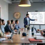Diverse business executives participate in an ethical leadership training session around a modern conference table, with a facilitator presenting decision-making frameworks on a digital whiteboard in a bright contemporary boardroom.